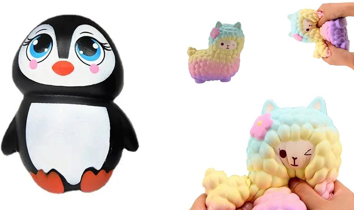Happy Trendz® Jumbo Squishy Duo – Pinguïn & Lama (XL) | Must Have | Squishy | Soft Antistress | 2 Set XL Jumbo